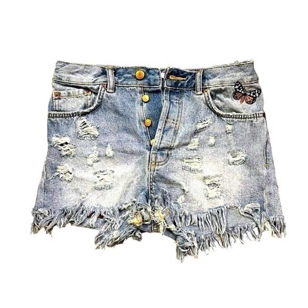 Zara Trafaluc Distressed Denim Shorts Light Wash Butterfly Patch Size 4 Women